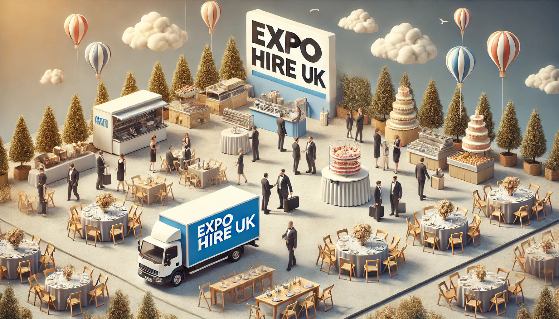 A scene showing the wide range of services provided by Expo Hire UK, including catering equipment, furniture, and decorations. The image conveys the e