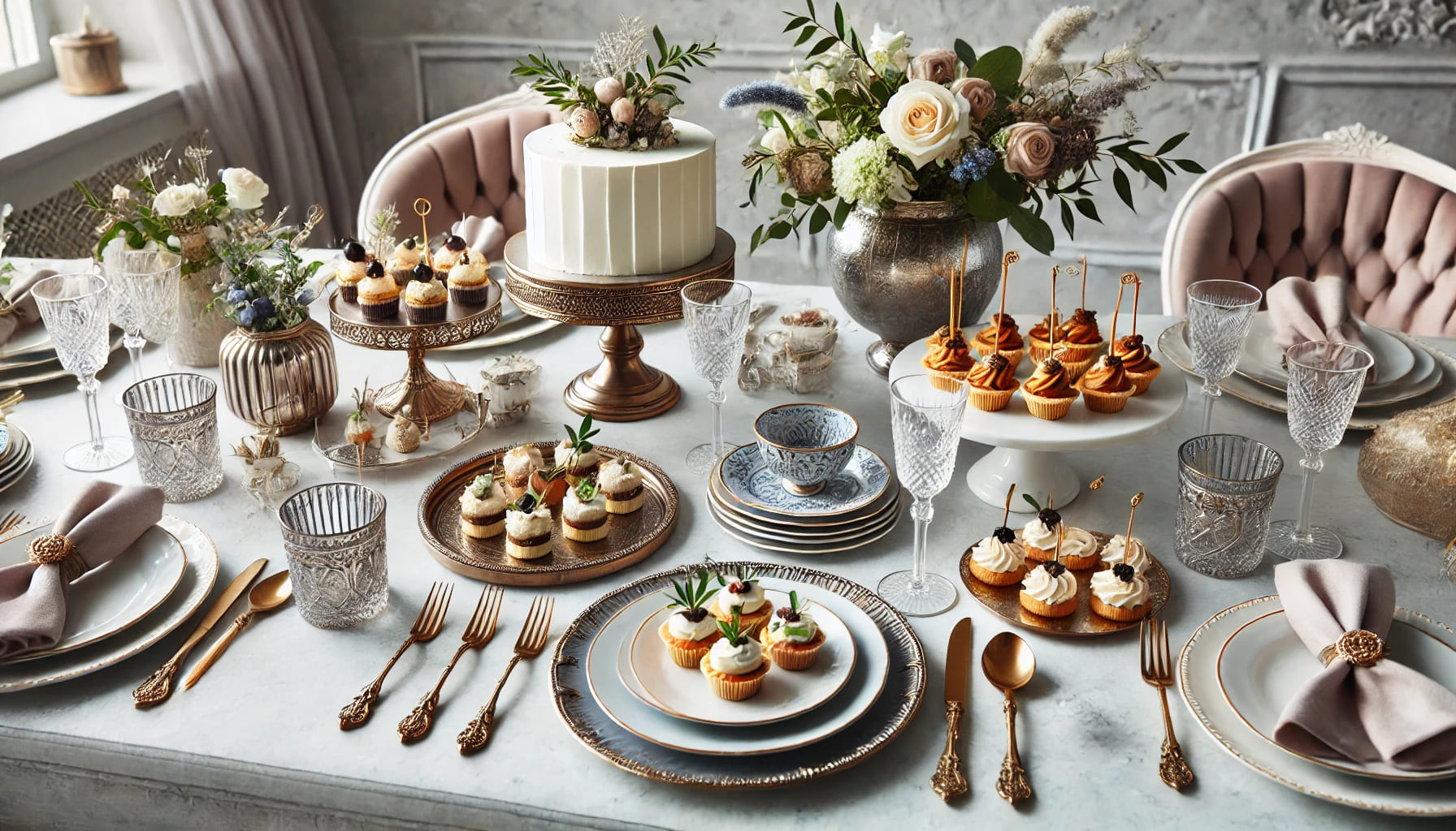 A stylish table setup for serving canapés and cake, featuring small plates, bowls, and elegant platters. The table is decorated with stylish elements