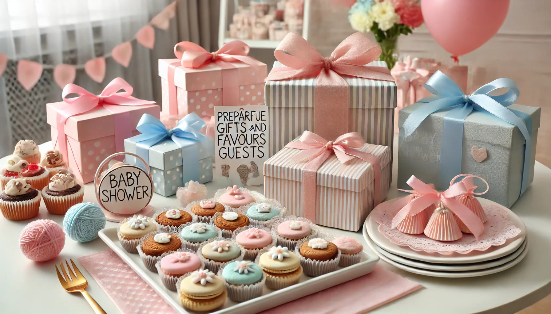 A table with beautifully wrapped gifts and favours for baby shower guests, symbolizing preparing thoughtful gifts and favours for your baby shower