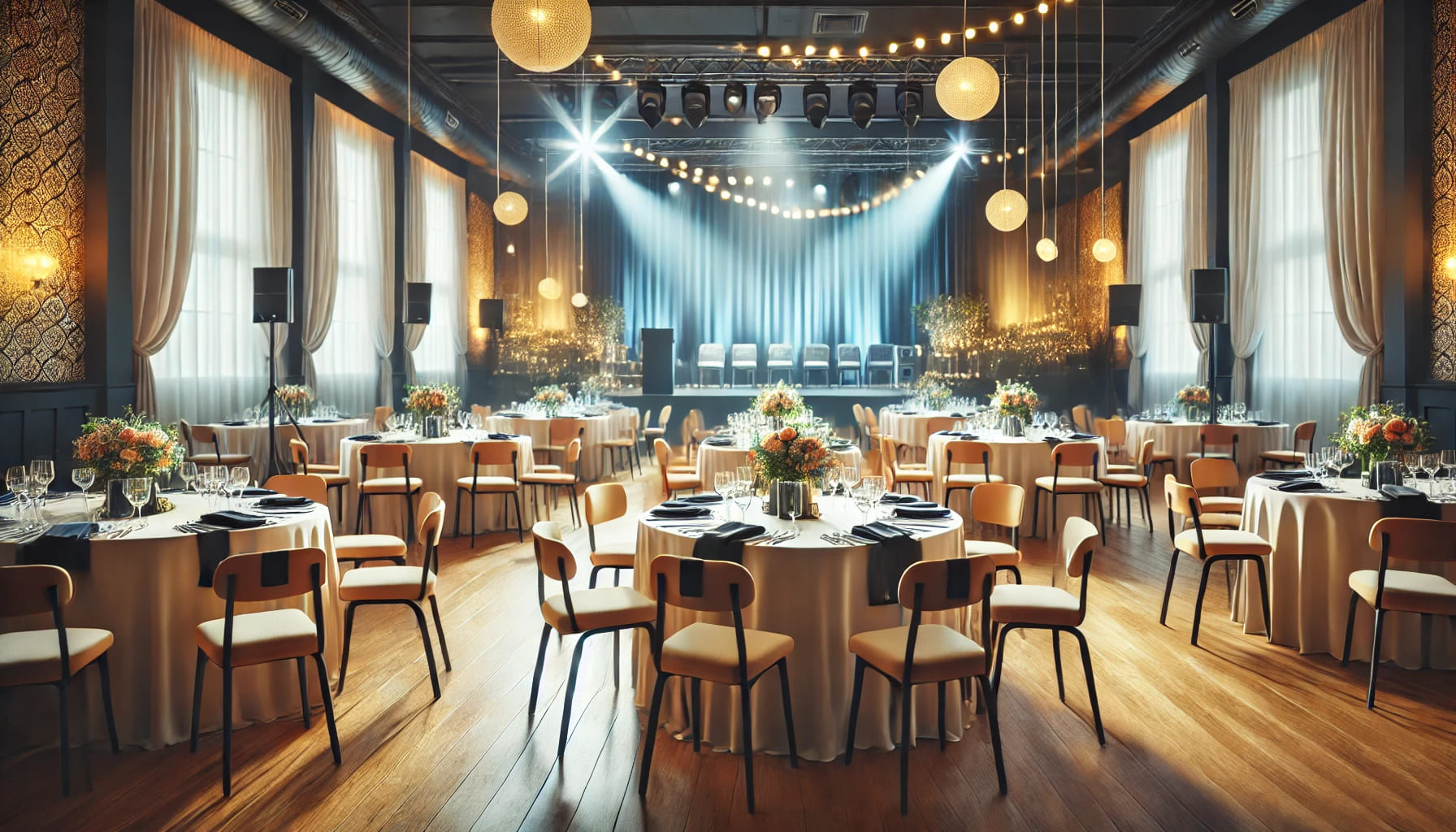 A well-decorated venue ready for an event with various elements like tables, chairs, and stage, showing a professional setup. No text