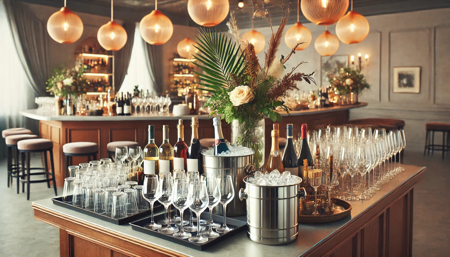 A well-organized drinks reception area with a variety of glasses, ice buckets, and wine bottles arranged for guests