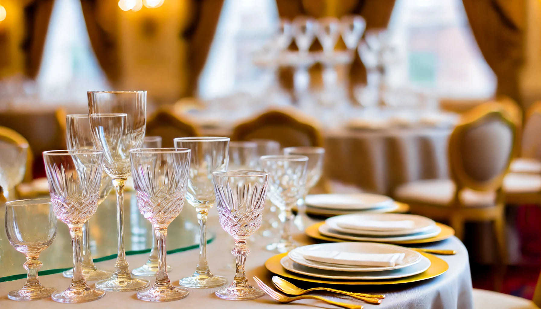 An elegant event setup with matching glassware, showcasing the enhanced look of coordinated glassware hire