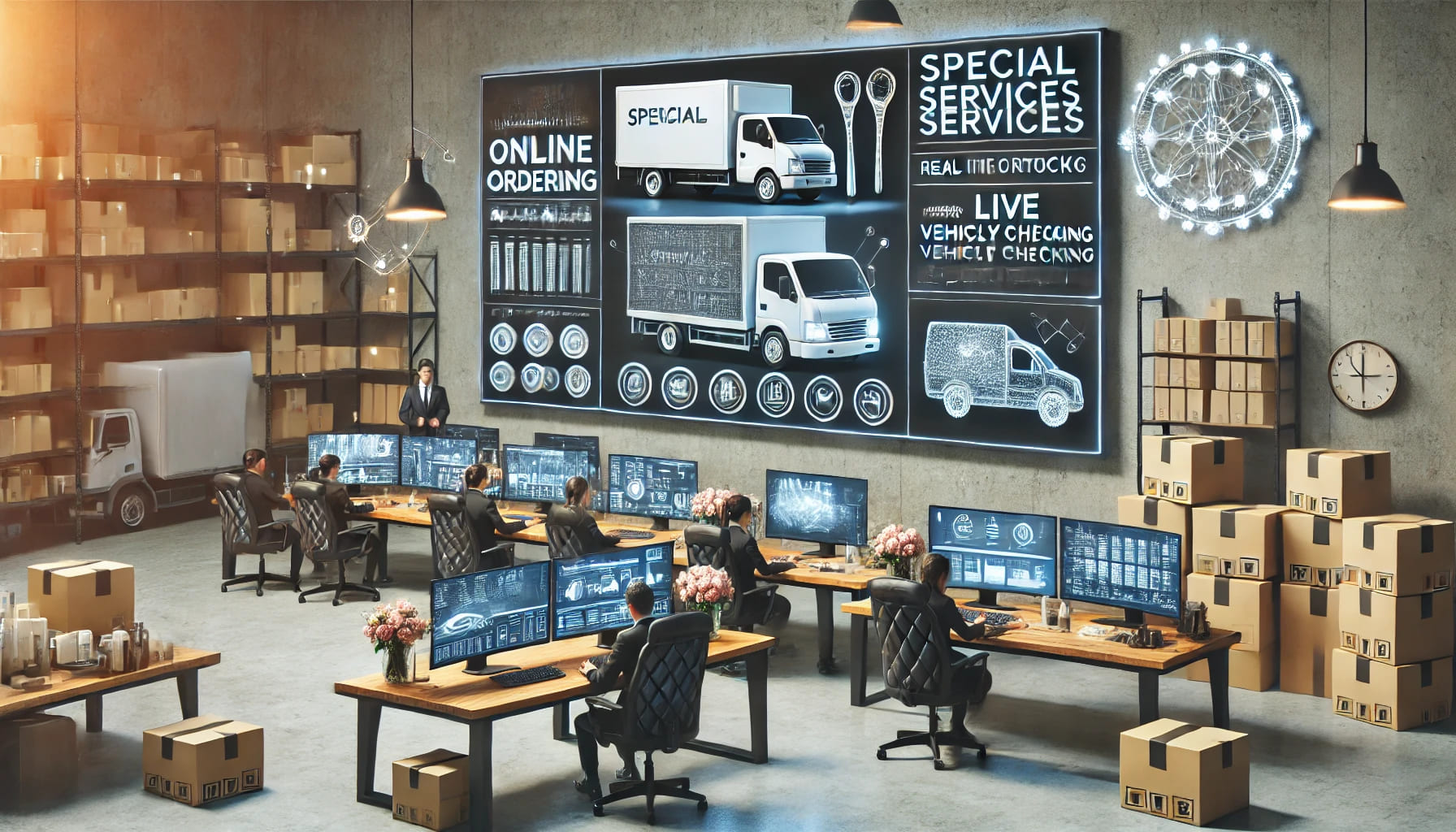 An event planning office setup showcasing special services like online ordering, real-time stock checking, and live vehicle tracking on computer scree