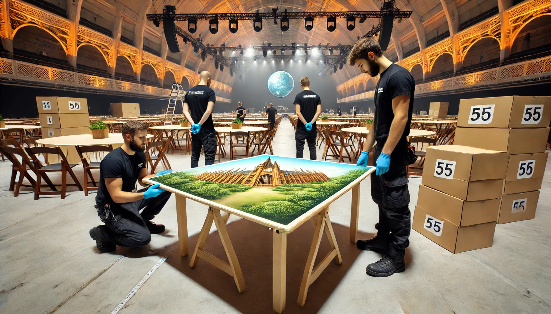 9 An image of an event setup team in the UK carefully setting up trestle tables in a large venue. The focus is on the importance of timely delivery and