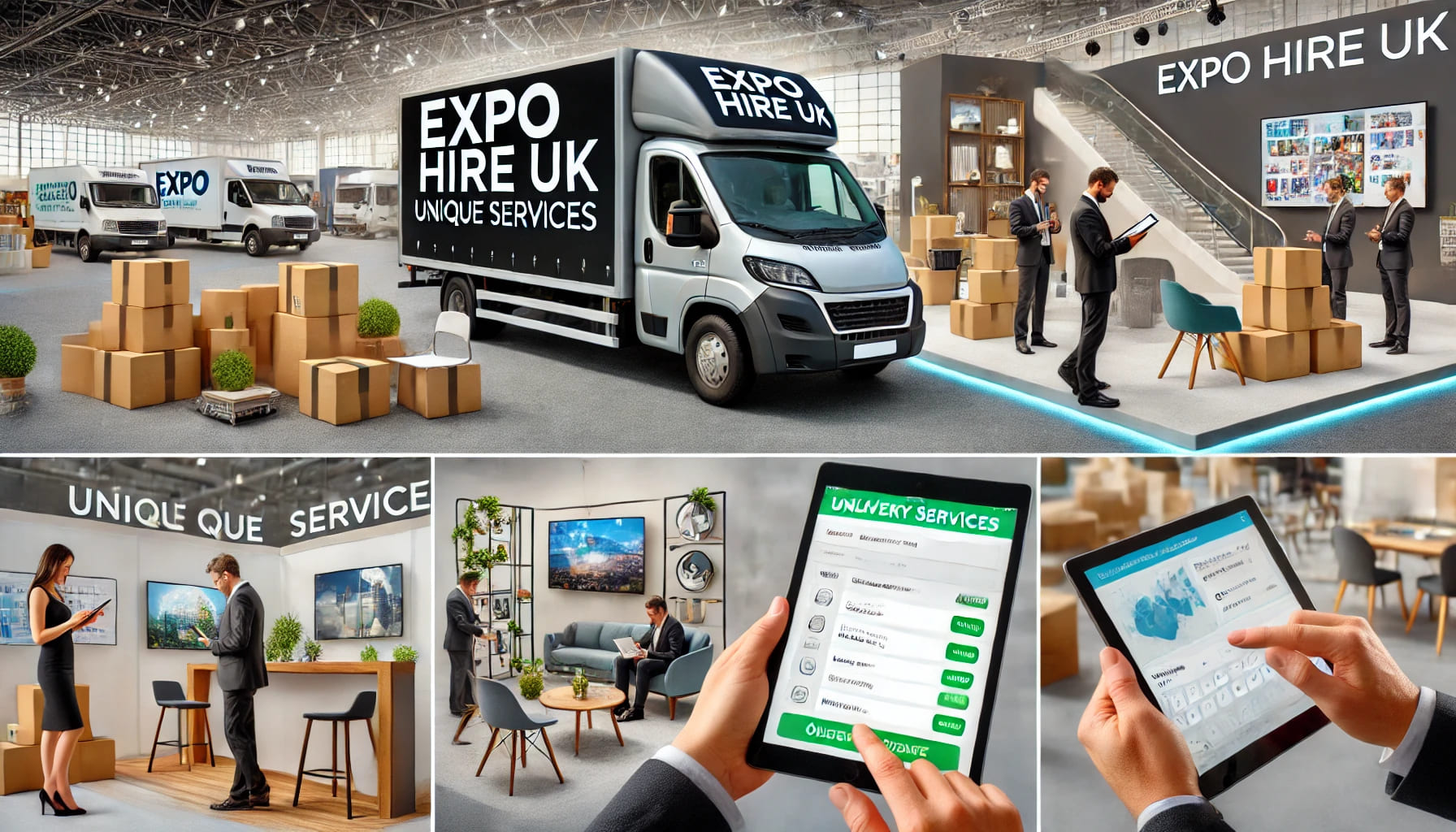 An image showcasing unique services by Expo Hire UK. The scene includes a delivery truck with the company logo, event planners using tablets for real-