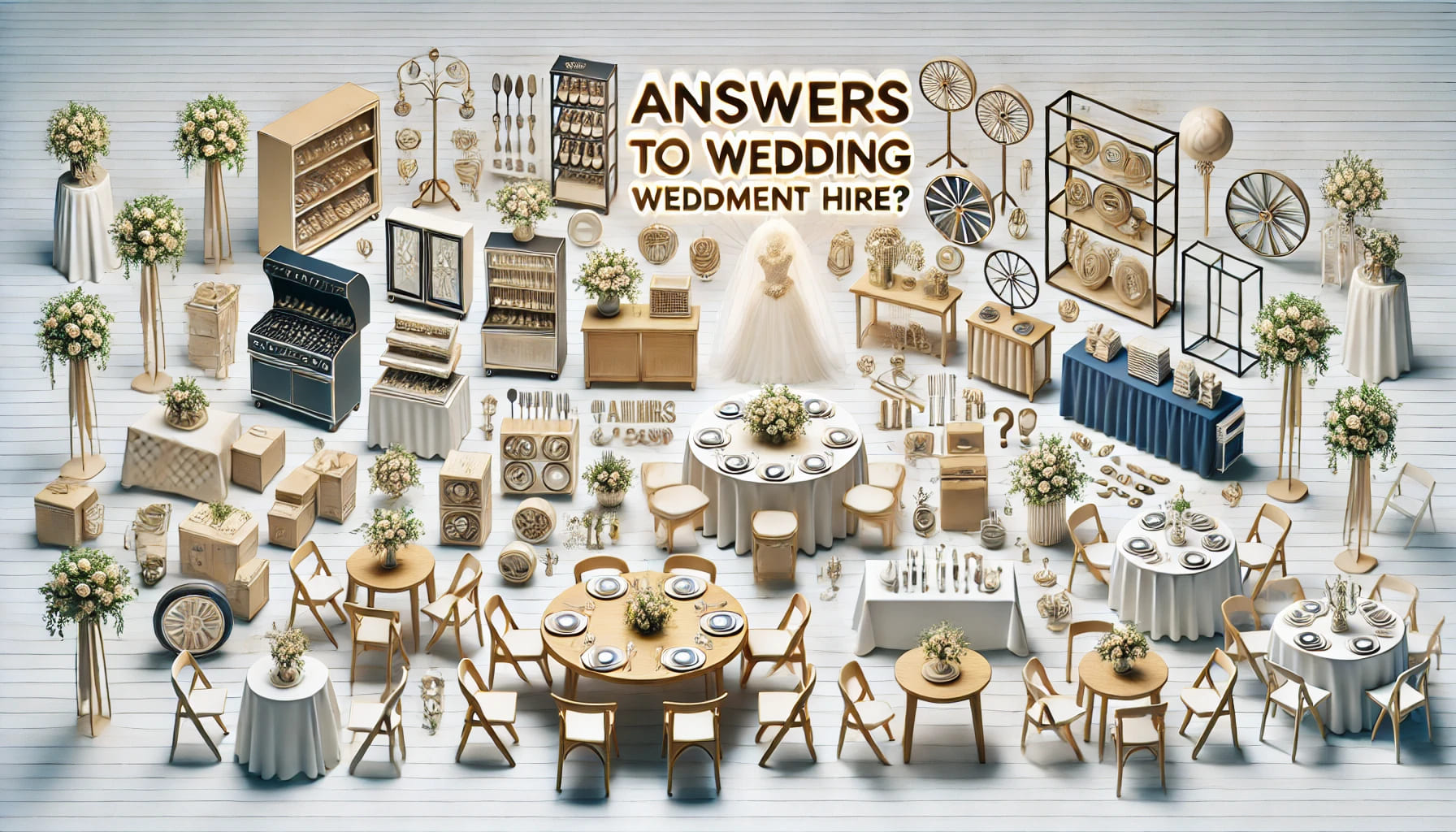 An organized display of various wedding equipment pieces, such as chairs, tables, catering gear, and decor items, arranged in a way that suggests answer