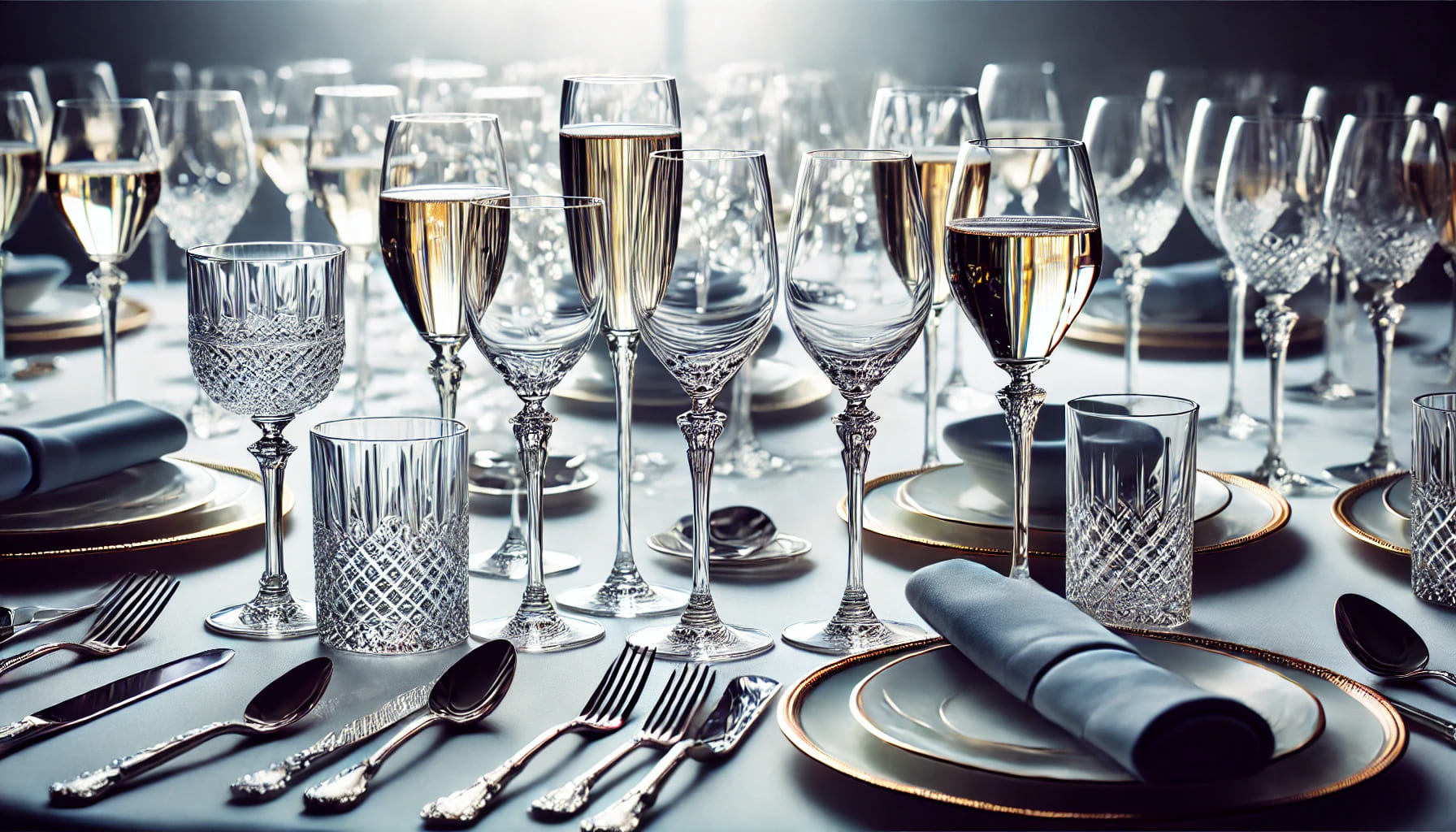 Close-up of high-quality glassware, including wine glasses and Champagne flutes, showing their pristine condition and elegance for a London event