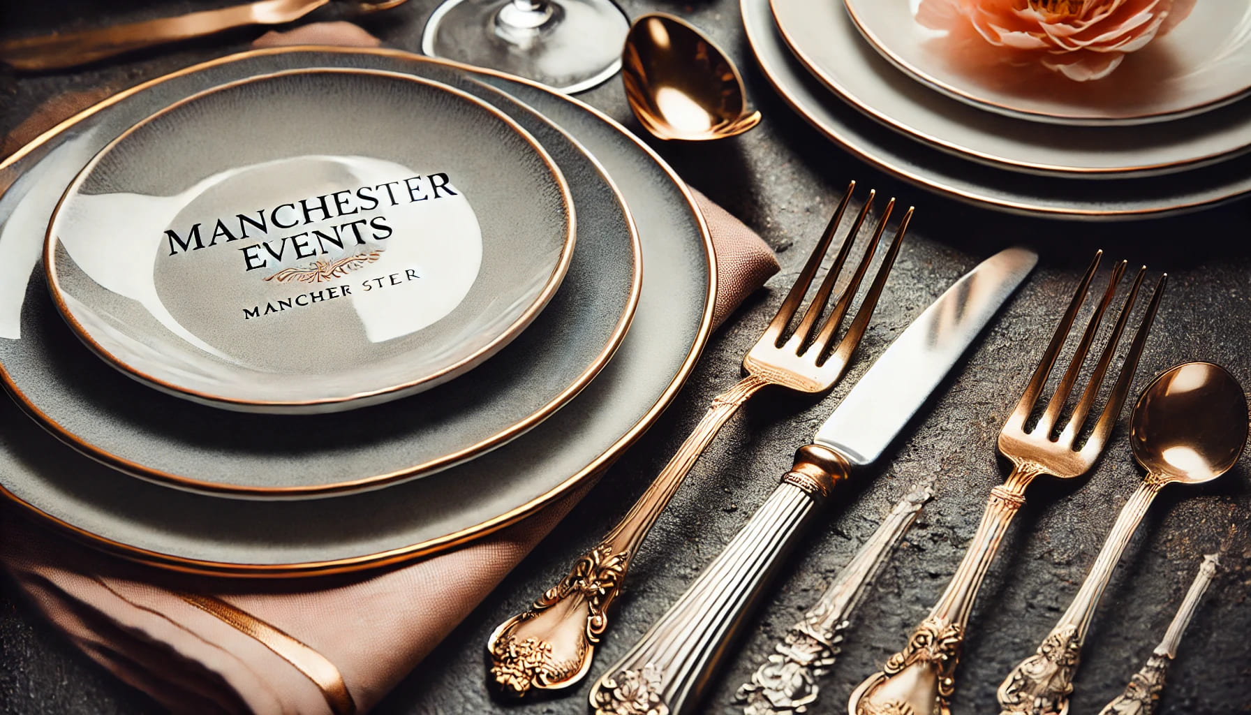 Close-up of high-quality tableware, including plates and cutlery, showcasing the importance of quality for Manchester events. The items are pristine,