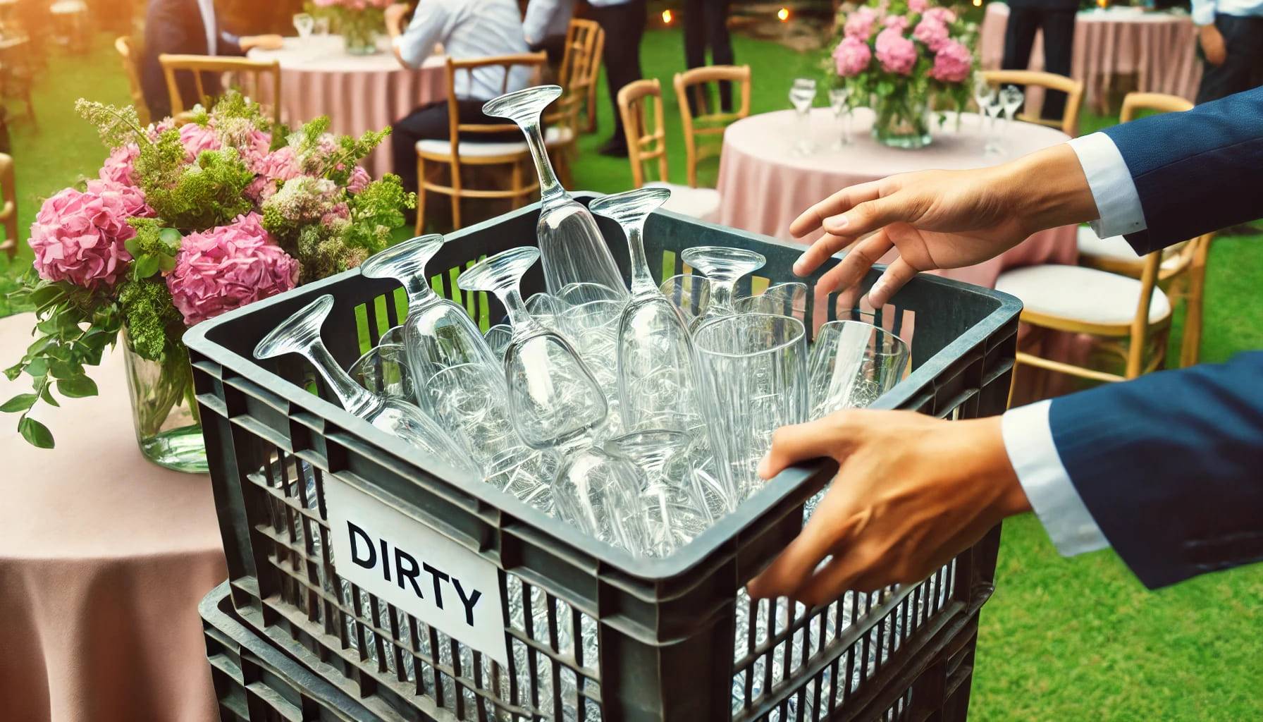 Used glassware being collected into crates after an event, indicating they can be returned dirty